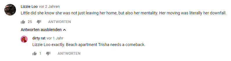 Das Bild zeigt zwei ausgewählte Kommentare unter einem Youtube Video von Trisha Paytas
