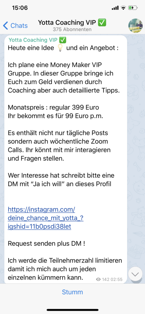 Bildschirmfoto vom 11.10.20: Bastian Yottas "Yotta Coaching VIP" auf Telegramm